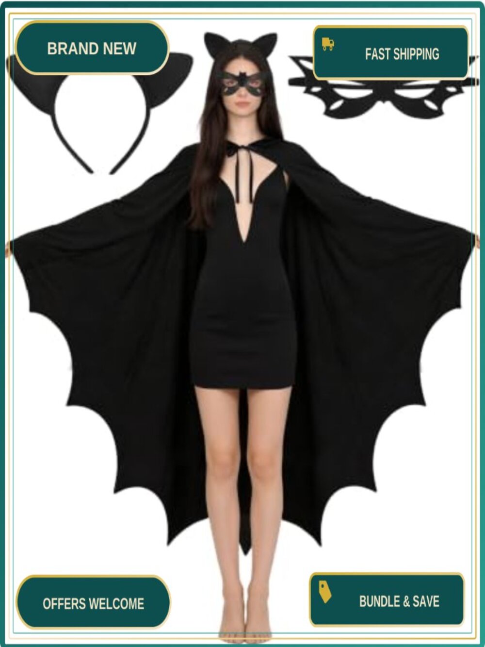 Bat Costume Set 3PCS Wings Hooded Cape Eye Mask Ears Headband Halloween Cosplay